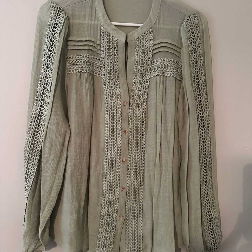 Impressions Sage Button-Down Blouse with Lace Detail